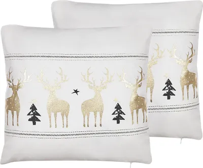 Produktbild von BELIANI Dekokissen 2er Set Cremeweiss Baumwolle 45 x 45 cm Tiermotiv in Gold Elegante Optik Wohnzimmer Salon Schlafzimmer Modern