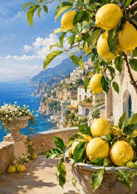 Immagine prodotto di Poster "Limoni di Amalfi" formato DIN A2 – motivo costiero mediterraneo con alberi di limoni, finitura opaca