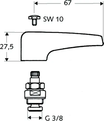 Technical drawing with dimensions and components of a faucet part.