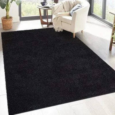 Productafbeelding van Famanu Shaggy vloerkleed, 150x150 cm, vierkant, zwart, hoogpolig, modern