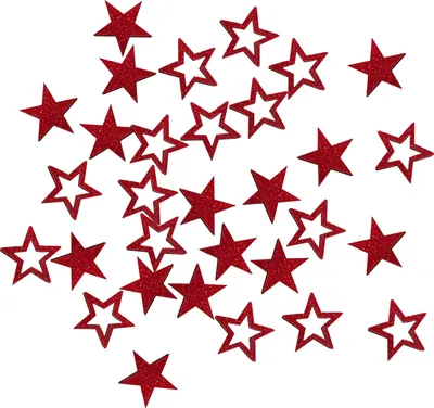 A scattered collection of red glitter stars on a white background.