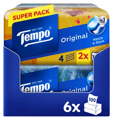 Produktbild von Tempo Original Taschentücher Duo-Box - Vorteilspack - 12 Boxen, 100 Tücher pro Box - extra starke, weiche Papiertaschentücher, waschmaschinenfest
