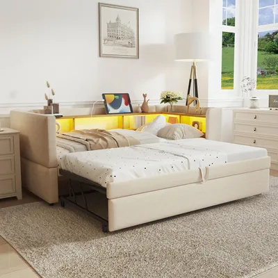 Image de Canapé-lit 180x190 cm, avec éclairage LED, avec espaces de rangement, avec lit escamotable, avec sommier à lattes, couleur gris foncé