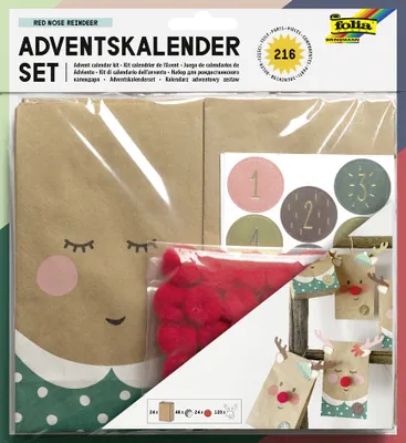 A product package for an advent calendar kit, showing the contents and the assembled product.