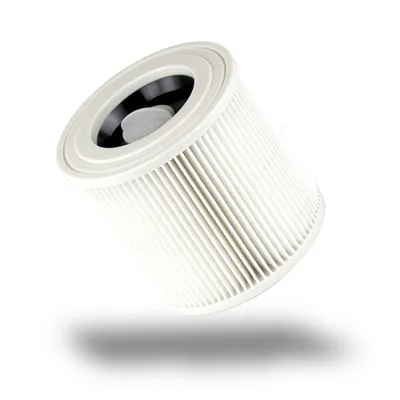 A white pleated filter for a vacuum cleaner is shown against a white background.