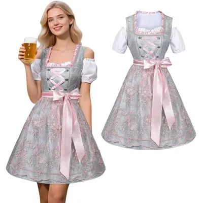 Produktbild von Damen Dirndl Kleid Bayerisch Traditionell Bestickt Grau 42