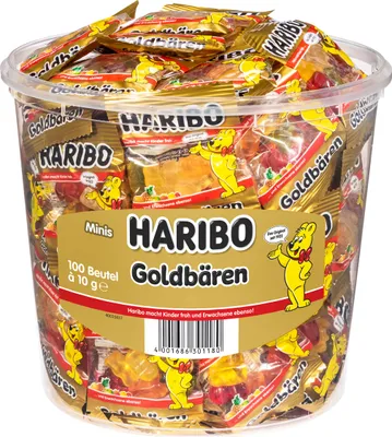 Verpackungsbild Haribo Goldbären einzeln verpackt, 100 Stück in einer Plastikdose