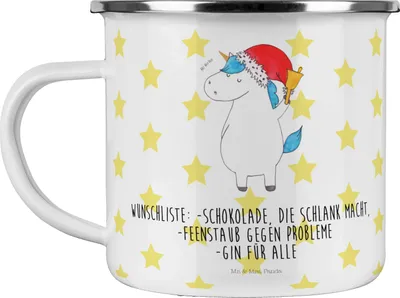 Produktbild von Mr. & Mrs. Panda Pott Einhorn Weihnachtsmann - Weiß - Geschenk, Einhörner, Emaille Tasse, blechbecher, Nikolaus, Teetasse, Gin, becher, Weihnachten, Unicorn, Schokolade