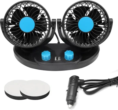 Produktbild von 12-V-Auto-Ventilator für Zigarettenanzünder/USB-Stromversorgung. Doppelter Auto-Ventilator mit doppelter Steuerung, zwei Betriebsmodi, 360-Grad-Drehung für verschiedene Fahrzeuge usw.