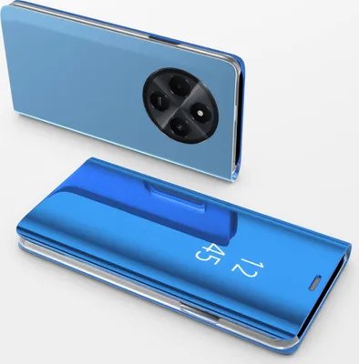 A blue smartphone case with a clear view flip cover is shown in two orientations against a white background.