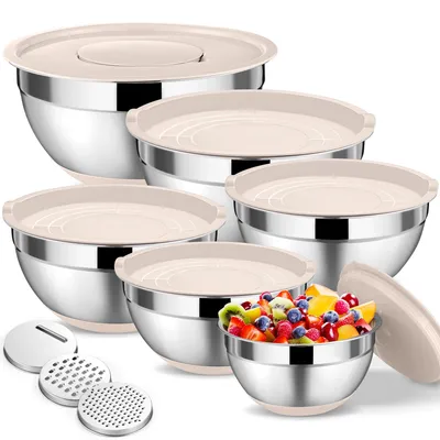 Image de Ensemble de 6 bols en acier inoxydable, comprenant des bols à salade avec couvercles hermétiques et 3 râpes de cuisine. L'ensemble de bols comprend des contenants de 4,6 l, 2,8 l, 2,5 l, 1,6 l, 1,2 l et 0,7 l. Empilables et adaptés au lave-vaisselle, couleur kaki