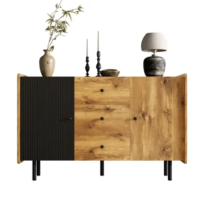 Produktbild von LVHOM Sideboard mit Schubladen und verstellbaren Einlegeböden, Kommode Altholzoptik, Anrichte, Mehrzweckschrank, Lowboard 120 cm, Schwarz