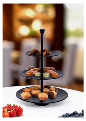 Produktbild von Metall Etagere schwarz 3-stöckig - 36 x 25 cm - Edelstahl Deko Servierplatte mit 3 Etagen