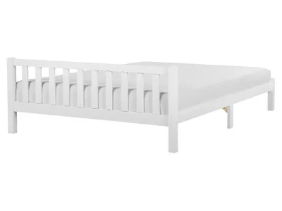 A white wooden bed frame with a slatted headboard and footboard, shown from the side against a white background.