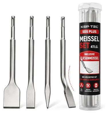 Produktbild von Meißelset SDS Plus Fliesenmeißel Flachmeißel Spitzmeißel - 4-teilig - Schräger Kopf - 40 mm - Drehbox