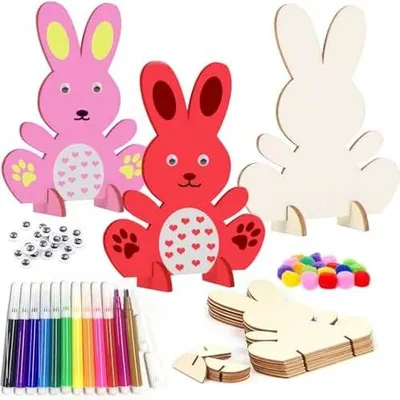 Produktbild von Mrracxy Ostern Basteln Kinder, Hasen aus Holz zum Bemalen,10 Stück DIY Osterhase Deko, Osterdekoration Kunsthandwerk-Malaktivitäten Bastelset Kinder Ostern Frühling für Bastelzubehör Dekorationen