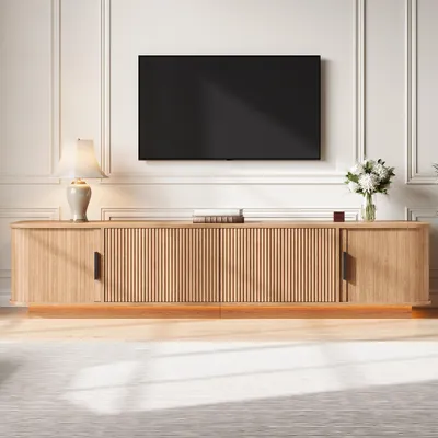 Obrázek produktu pro TV skříň STILVORA s LED osvětlením, nízká televizní komoda se zasouvacími dvířky a zásuvkami s reliéfním vzorem, televizní skříň s texturovaným designem