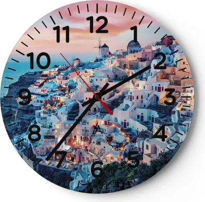 Produktbild von Wanduhr - Rund - Glasuhr - Santorini Griechenland anzeigen - 40x40cm - Schleichendes Uhrwerk - Lautlos - zum Aufhängen bereit - Dekoration Modern - Wanddekoration aus Glas - C4AR40x40-4784