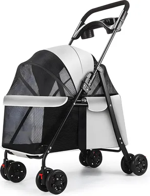 Produktbild von Hunde- und Katzenbuggy mit 4 Rädern, faltbarer Reisebuggy für Haustiere, Hunde- und Katzenkäfigbuggy mit Getränkehalter, Sichtfenster für mittelgroße und kleine Hunde