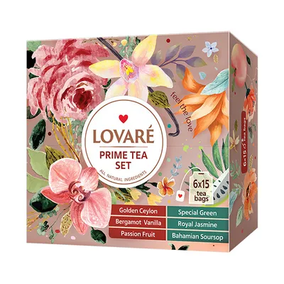 A box of LOVARÉ Prime Tea Set with floral illustrations.