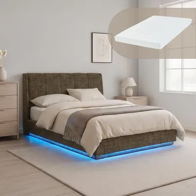 Image de Lit rembourré LED "Tröstiar" avec coffre de lit et matelas en lin, 140 x 200 cm, couleur verte