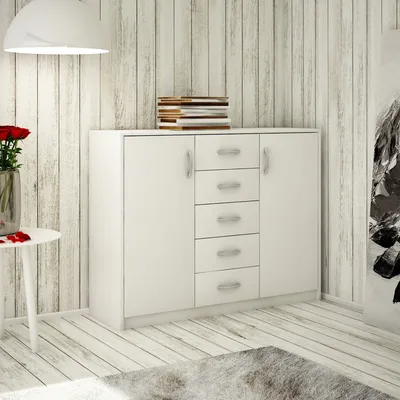 Produktbild von Kommode mit 5 Schubladen und 2 Türen in matter Ausführung, Kommode 110cm breit Holz Schrank Sideboard Highboard Kommode mit Schubladen Weiß