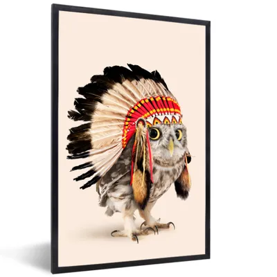 Produktbild von MuchoWow® Gerahmtes Poster Tier - Eule - Indianer - Vogel 40x60 cm - Poster mit Schwarzem Bilderrahmen Wandposter Rahmen Foto Bilder - Papierdruck - Wandbilder
