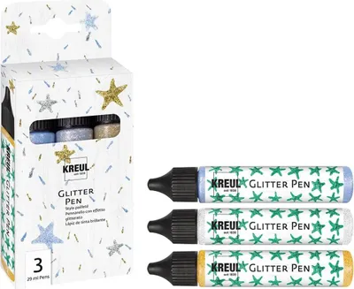 Produktbild von KREUL 49840 - Glitter Pen 3er Set, Glitzer Effektfarben im handlichen 29 ml Pen, zum Verzieren, Beschriften und Dekorieren von vielfältigen Materialien, hergestellt auf Wasserbasis