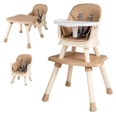 Produktbild von Hochstuhl mit Tisch, 6-in-1 Kinderhochstuhl mit Tablett und 5-Punkt Sicherheitsgurt, Babystuhl mit abnehmbarem Kissen, Essstuhl für Babys von 7 bis 36 Monaten bis 25 kg (Khaki)