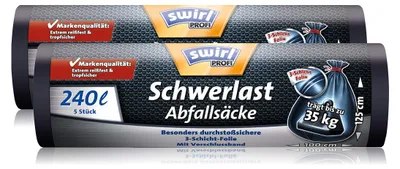 Produktbild von Swirl Profi Schwerlast-Abfallsäcke mit Zugband, 240 Liter, Reißfest, 2 Rollen mit je 5 Säcken