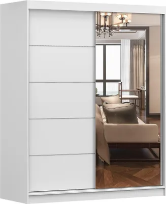 Produktbild von Kleiderschrank V6 mit Spiegel 160 cm, Schwebetürenschrank, Garderobeschrank Schlafzimmer; Wohnzimmerschrank; Korpus Schrank Farbe: Weiß; Farbe der Schrankfront: Weiß - 2 Schiebetüren