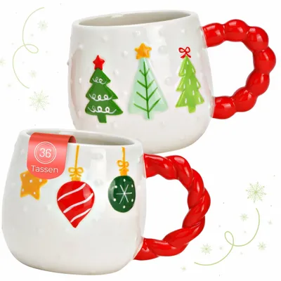 Produktbild von Kaffeetassen 36er Set weiß mit rotem Henkel & Winterdekor