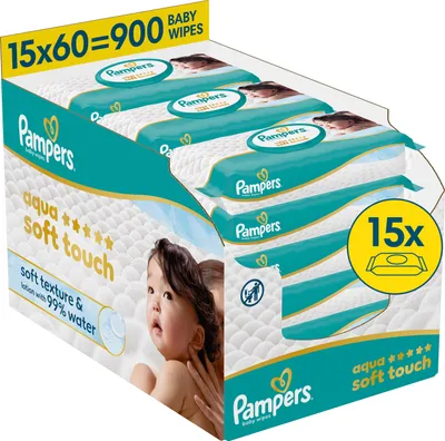Produktbild von Pampers Aqua Soft Touch Feuchttücher, Set mit 15 x 60 Stück