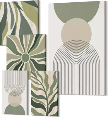 Zdjęcie produktu dla Obrazy Na Płótnie – 5-Częściowy Zestaw – Polycanvas – Nowoczesne Obrazy – Dekoracja Na Ścianę – Do Salonu – Abstrakcyjne Obrazy – 2x 30x30 cm + 2x 20x30 cm + 1x 40x60 cm – Stylowe abstrakcje z zielenią