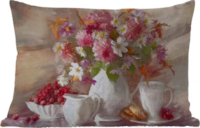 Produktbild von MuchoWow® Outdoor Kissen - Gemälde - Blumen - Vase - Ölfarbe - 50x30 cm - Wetterfest - Lounge Kissen - Sofa kissen - Wohnzimmer Dekoration