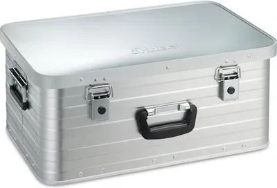 A silver aluminum storage box with black handles and latches.