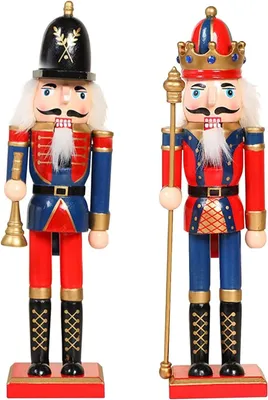 Productafbeelding van Houten notenkraker soldaten - Set van 2 - 2 stijlen 30 cm traditionele kerstnotenkraker figuren