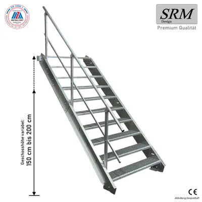 Produktbild von 10 Stufen Stahltreppe einseitig. Geländer Breite 80cm Geschosshöhe 150-200cm