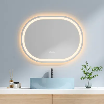 Produktbild von EMKE LED Badspiegel 80x60cm Badspiegel beschlagfrei Beleuchtung 3 Lichtfarbe Lichtspiegel Badezimmerspiegel rund vieleck Wandspiegel mit Touchschalter IP44 Energiesparend einstellbar Licht