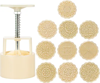 Produktbild von Mondkuchenform, 10-teilig, DIY-Handstempel für das Mittherbstfest, Gebäckwerkzeug, Mondkuchenform, 1 Form, 10 Stempel (Weiß)