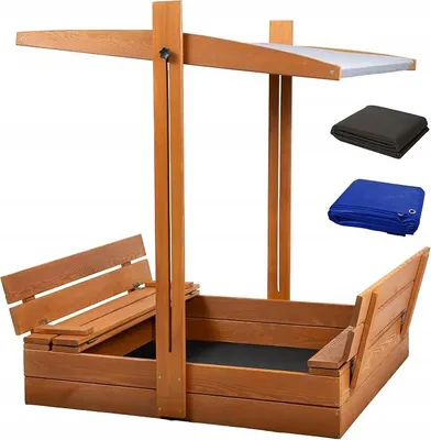 Produktbild von Sandkasten Imprägniert mit Dach Sitzbank iSonnenschutz UV-Schutz Sandbox mit Abdeckung mit Sitzbänken mit Plane Sandkiste Holz 100x100 (100x100 Dach Grau)