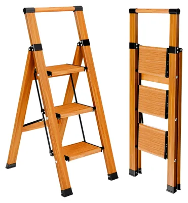 Produktbild von Trittleiter mit Handlauf, rutschfeste Klappleiter mit 3 Stufen, Aluminium, bis 150 kg, tragbare Stehleiter in moderner Holzoptik, Haushaltsleiter mit breitem Anti-Rutsch-Pedal