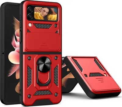 Produktbild von Samsung Galaxy Z Flip4 Hülle mit Magnetische Ring Ständer Halter Dia Kameraschutz TPU Bumper Silikon Schutzhülle für Samsung Galaxy Z Flip 4 5G Rot