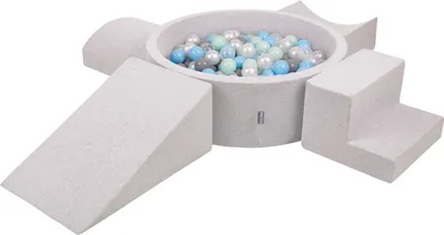 Produktbild von KiddyMoon spielplatz aus schaumstoff mit rund bällebad (300 bälle) ballgruben für babys spielbad hindernisläufen, hergestellt in der eu, hellgrau:perle/grau/transparent/babyblue/minze