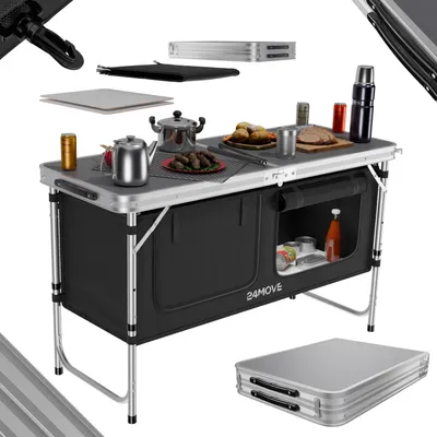Produktbild von 24MOVE® Campingküche PRAIA faltbar, höhenverstellbarer Campingschrank Alu Reiseküche mit Arbeitsplatte und Staufächern, Outdoor Camping, tragbar