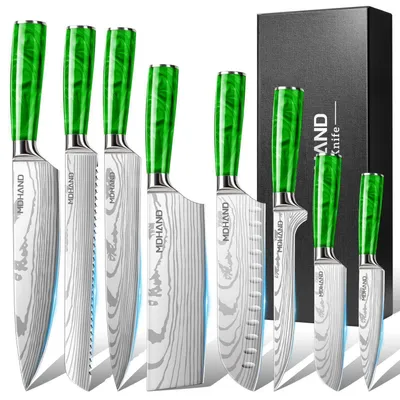 Immagine prodotto di Set di coltelli da cucina, 8 pezzi, acciaio inossidabile, manico ergonomico, colore verde