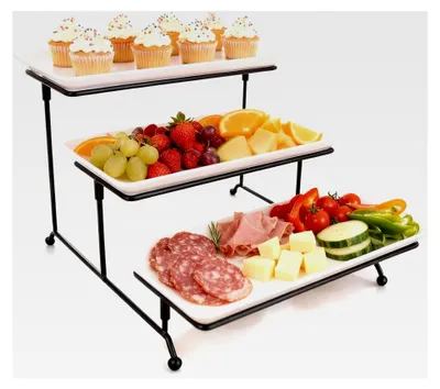Produktbild von 3-stufige Servierschale, Lebensmittelständer mit weißen Porzellanschalen für Esstisch und Feierlichkeiten