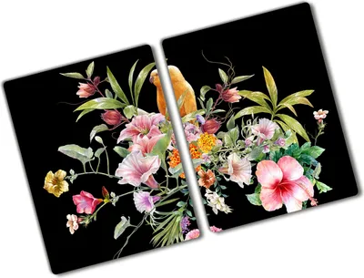 Produktbild von Tulup Glas Herdabdeckplatte - 2x40x52 cm - Glaskeramikkochfeld-Abdeckung Spritzschutz Glasabdeckplatte Kochplattenabdeckung und Schneidebrett - Zweiteilig - Tiere - Blumen und Vögel - Mehrfarbig