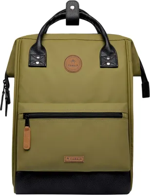 A front view of a green backpack with black accents.