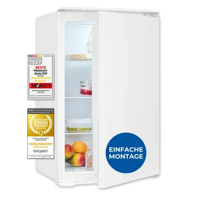 A white refrigerator with its door slightly ajar, displaying some food items inside. Several award badges are attached to the left side of the refrigerator, and a blue circular sticker with text is on the door.